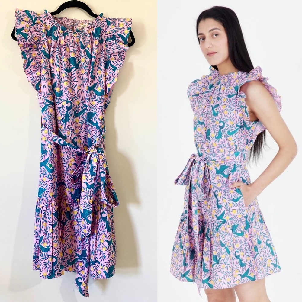Banjanan Bulbul's Sister Dress Pink Teal Lemon Bird Block Print Ruffle Medium